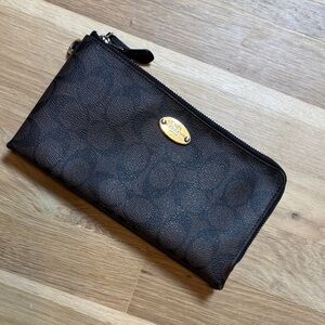 Coach Dark Brown Leather Dual Zip Wallet